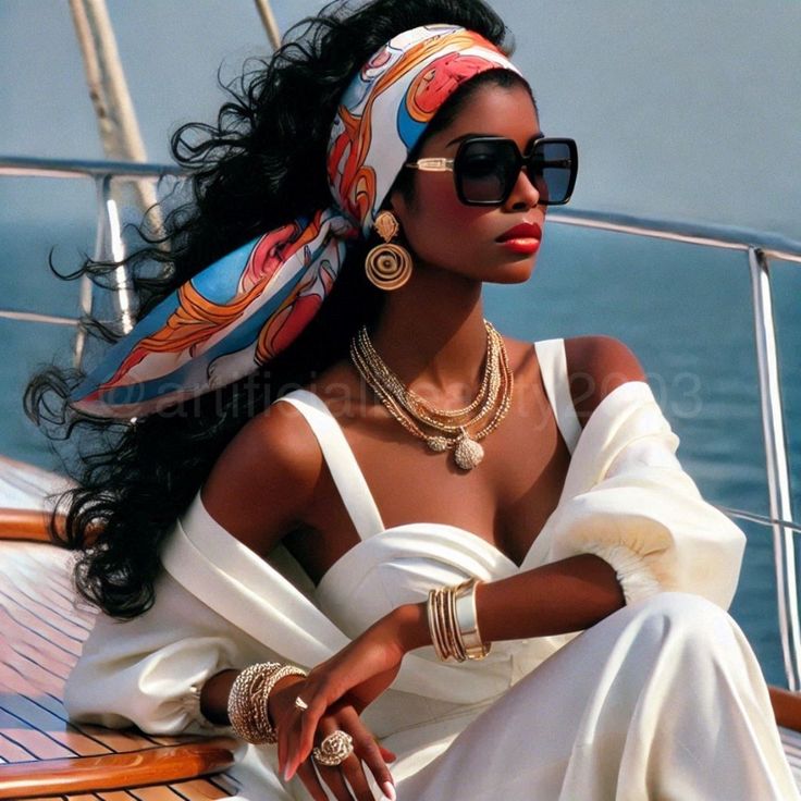 a woman sitting on top of a boat wearing sunglasses and a bandanna around her head