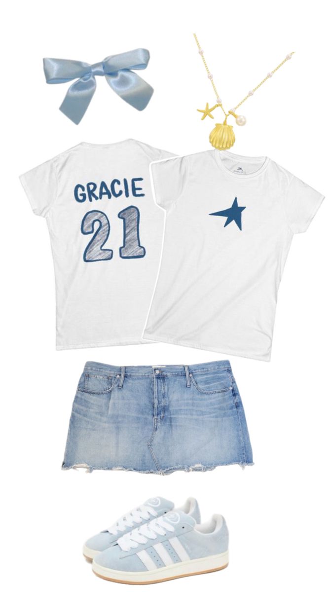 a white shirt and blue jean shorts are outfitted with adidas sneakers, a necklace, and a t - shirt that says grace 21