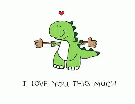 i love you this much with a green dinosaur holding a stick in its hand and the words, i love you this much