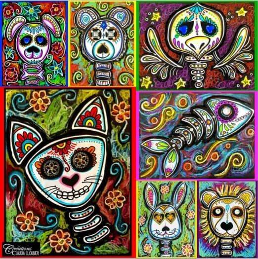 four different paintings of cats and skulls on colorful paper with flowers in the middle, one is