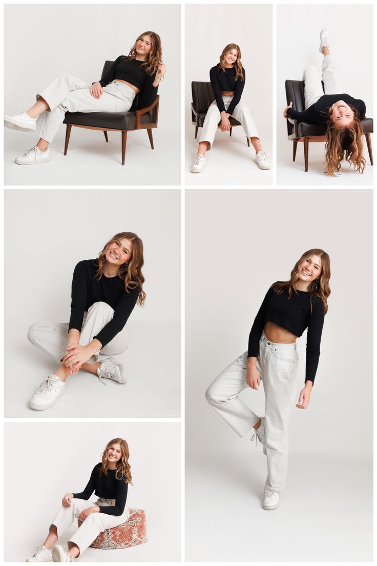 a woman sitting on top of a chair in white pants