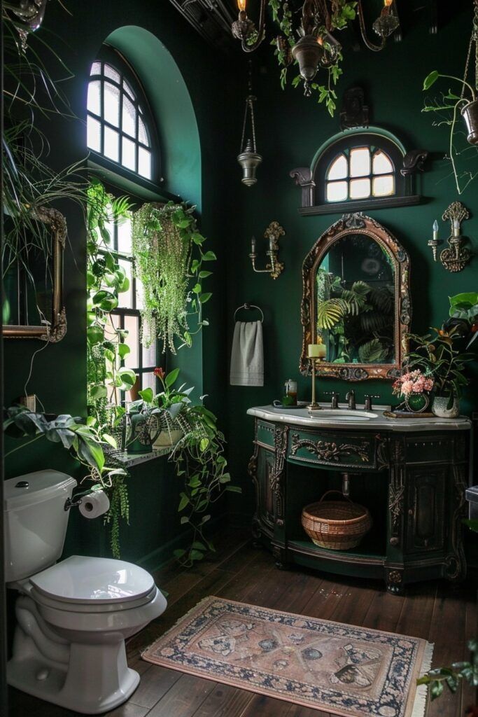 a bathroom with green walls and plants on the wall, an antique vanity sink, toilet and mirror