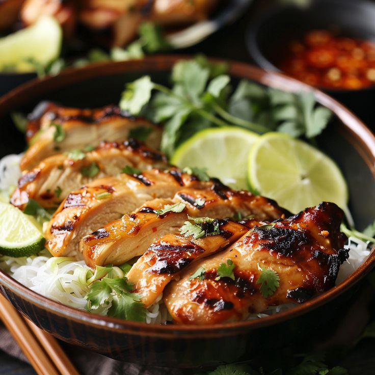 a bowl filled with chicken and rice next to chopsticks, lime wedges and cilantro