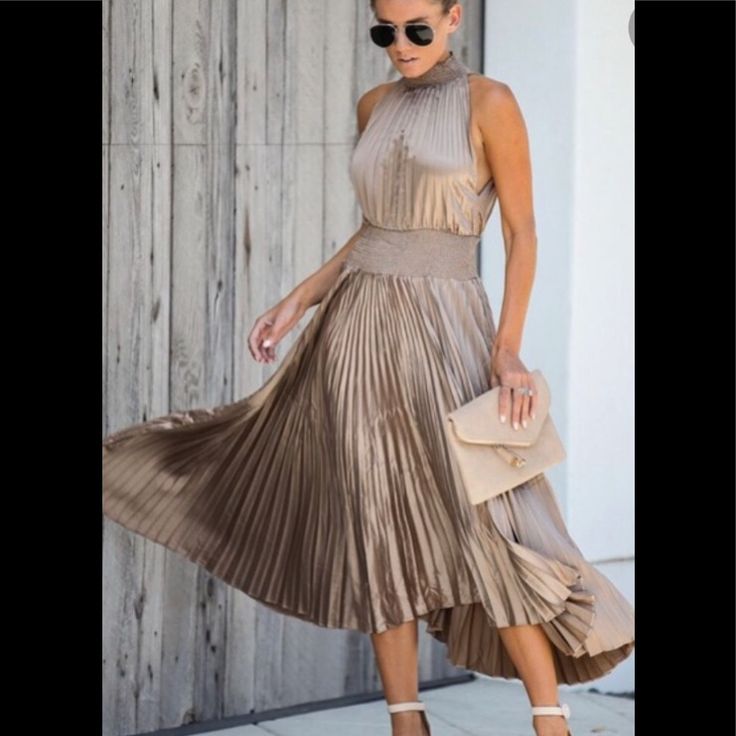 Bronze Colored Smocked Waist Spring Stretch Midi Dress With Pleated Waist, Spring Midi Dress With Pleated Waist And Stretch, Ruched Pleated Dress For Summer Date Night, Spring Party Midi Dress With Smocked Back, Chic Pleated Beach Dress, Casual Stretch Pleated Midi Dress, Casual Party Dress With Pleated Waist, Casual Stretch Midi Dress With Pleats, Elegant Stretch Midi Dress With Smocked Back