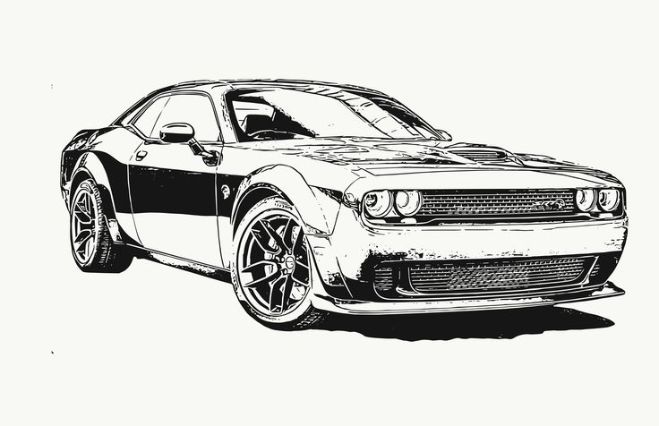 a black and white drawing of a dodge charger on a white background with the hood up