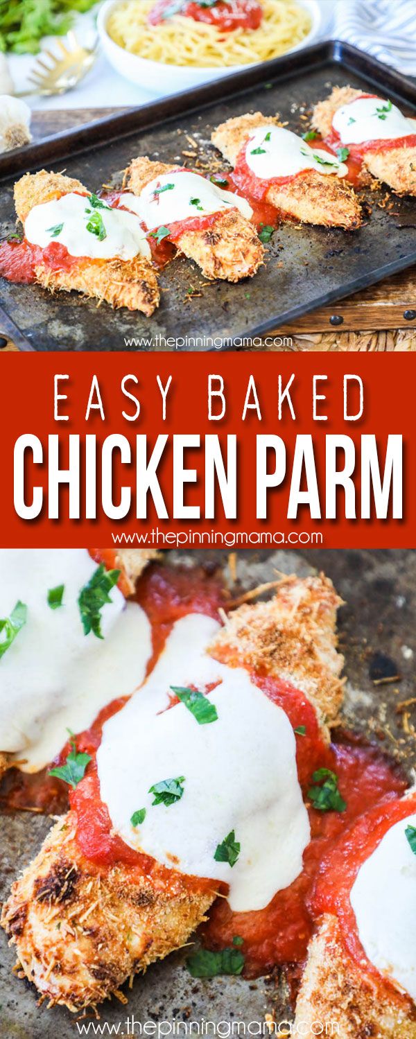 easy baked chicken parm recipe on a baking sheet