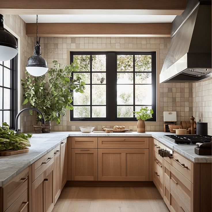 a kitchen filled with lots of wooden cabinets and counter top space next to a window