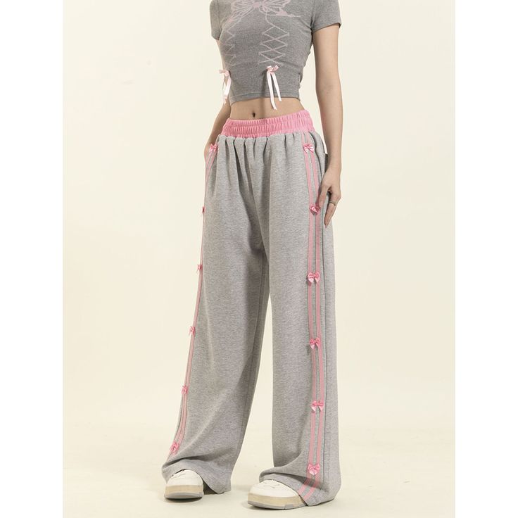 Retro Bow Sweatpants Fabric: 72%Cotton+28%Polyester Size: S, M, L, XL, Multiple Color Selections: Blue, Gray  Season: Spring, Fall, Winter Casual Wide-leg Pants For Winter, Sporty Spring Pants, Sporty Full Length Bottoms For Spring, Casual Wide Leg Pants With Elastic Waistband For Winter, Full-length Sweatpants For Spring Leisure, Gray Wide-leg Sweatpants For Spring, Spring Wide-leg Gray Sweatpants, Casual Gray Wide Leg Pants, Spring Gray Wide-leg Sweatpants