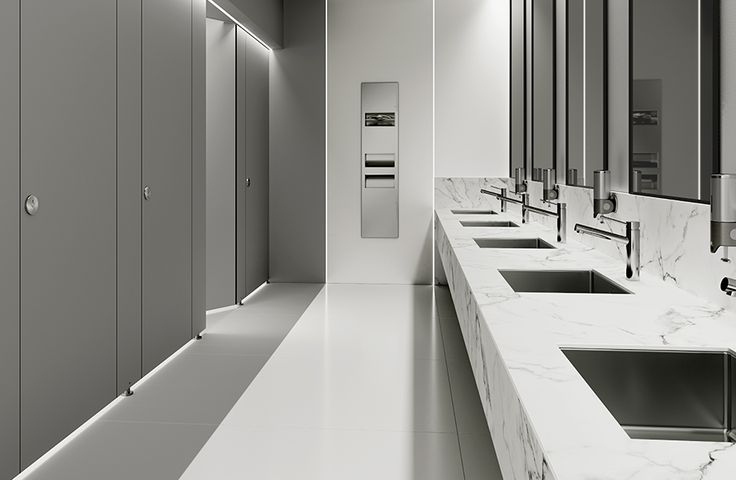 a long row of sinks in a public restroom