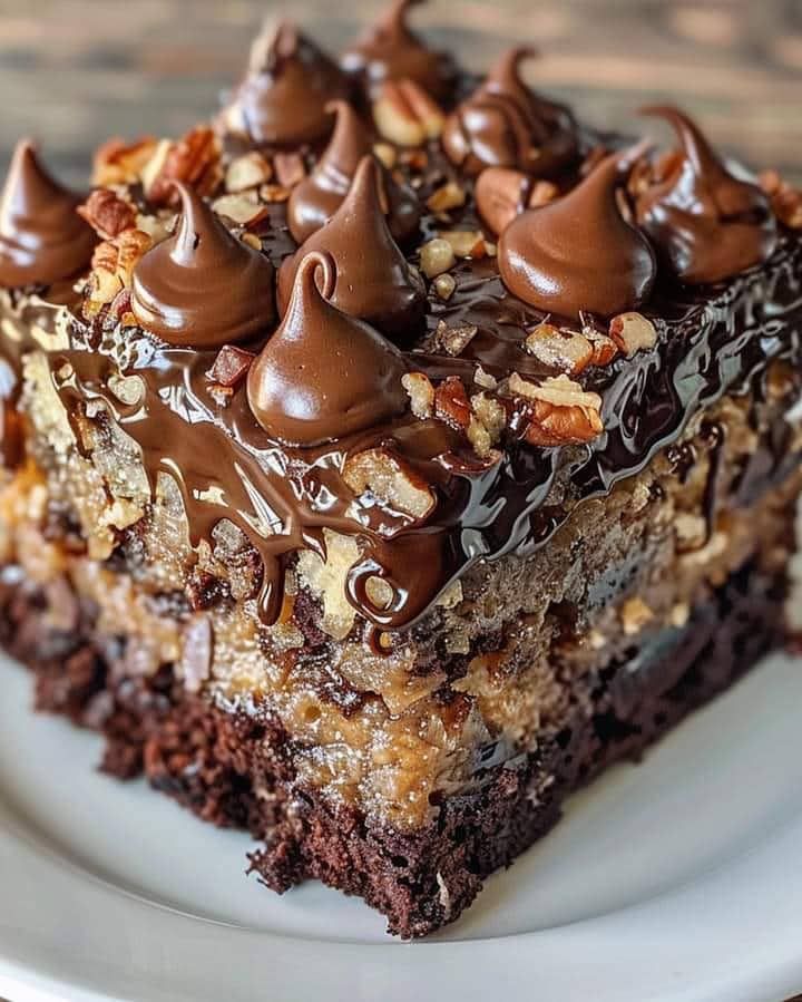 a piece of cake with chocolate frosting and nuts on top is sitting on a plate