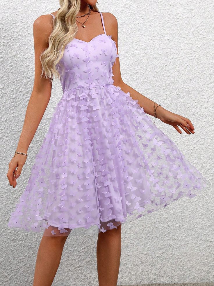 Women's Solid Color Spaghetti Strap Elegant 3D Butterfly Mesh Dress Mauve Purple Elegant  Sleeveless Mesh Plain Cami Slight Stretch  Weddings & Events, size features are:Bust: ,Length: ,Sleeve Length: White And Purple Floral Dress, Rapunzel Themed Hoco Dress, Purple Light Dress, Aesthetic Lavender Dress, Cute Corset Dresses, Hoco Dress Purple, Butterfly Hoco Dress, Purple Homecoming Dress Short, Purple Grad Dresses