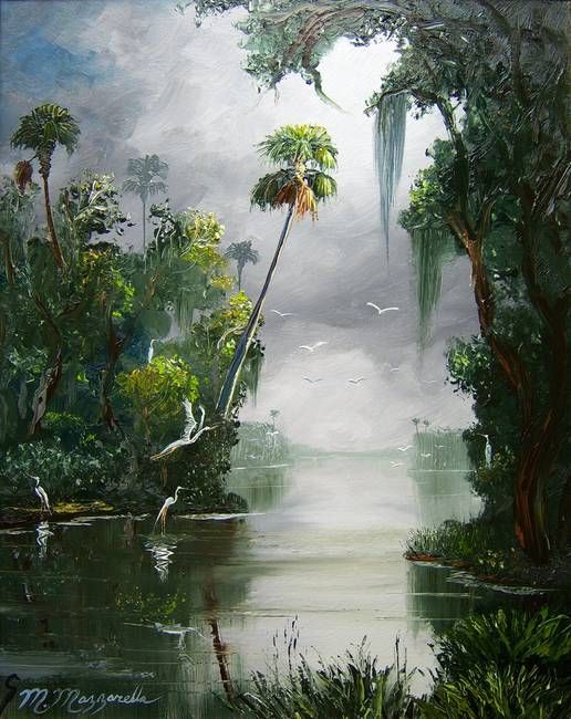 a painting of trees and water with birds flying over it