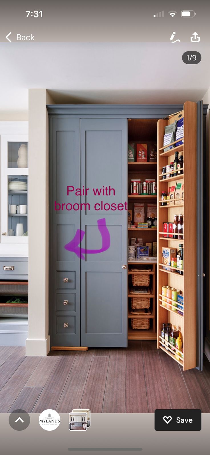 an open pantry with the door closed to show what's inside