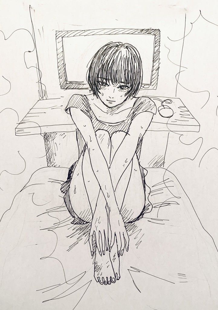 a drawing of a person sitting in front of a computer monitor with their legs crossed