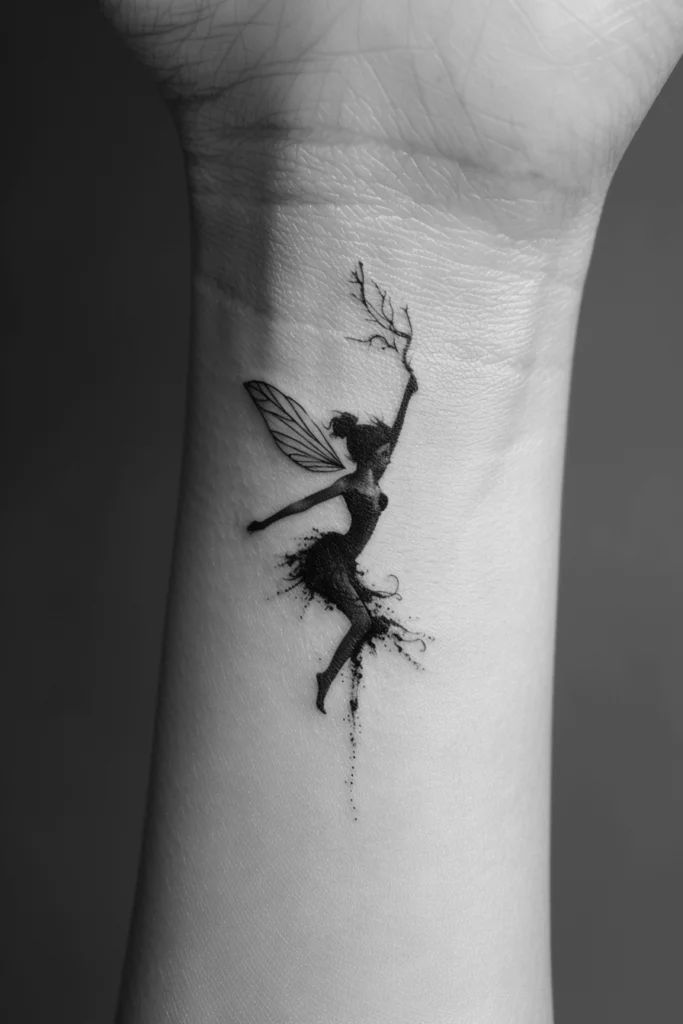 a woman's wrist tattoo with a black and white image of a fairy on it