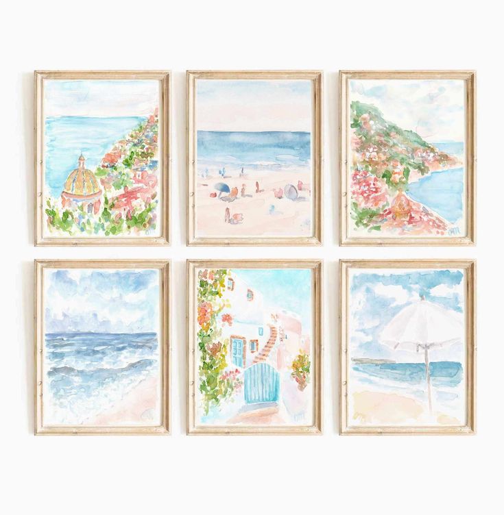 four watercolor paintings hanging on a wall