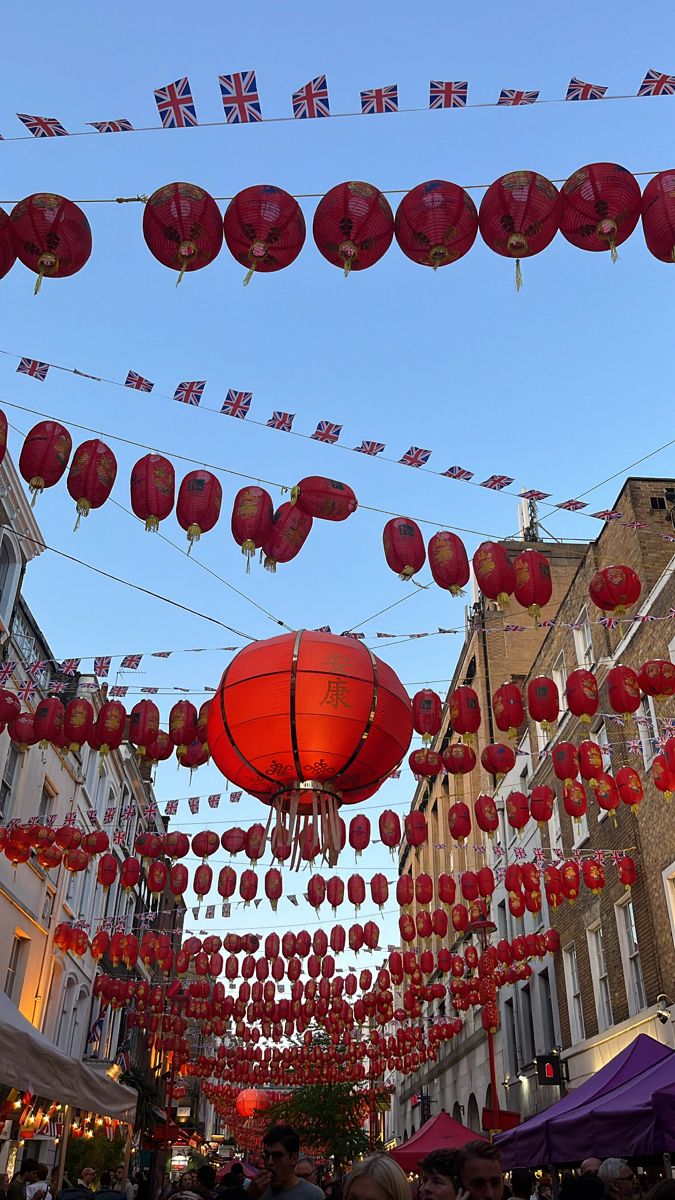 many red lanterns are hanging in the air above a street lined with buildings and people