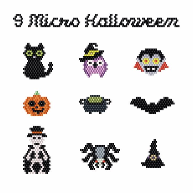 cross stitch pattern for halloween with pumpkins, bats and other characters in pixel style