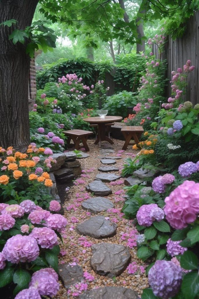 a garden filled with lots of flowers next to a wooden bench and table surrounded by trees