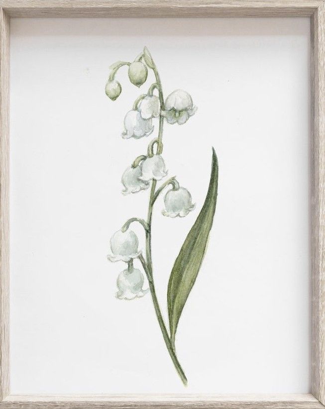 a watercolor painting of a white flower in a wooden frame on a white wall