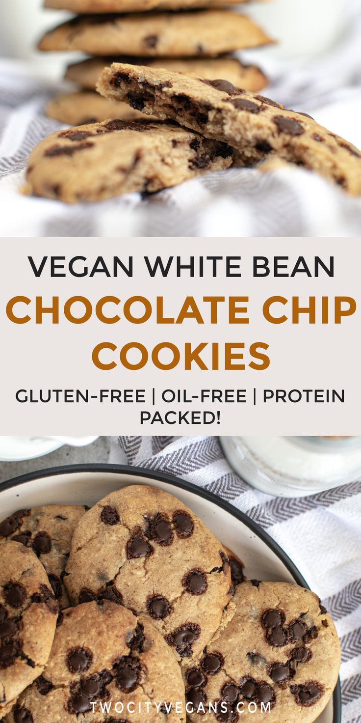 vegan white bean cookies with chocolate chips on a plate with a tea towel underneath Bean Cookies, White Bean Muffins, White Bean Dessert, Bean Flour Recipes, White Bean Dessert Recipes, Desserts Made With Beans, White Bean Cookies, Butter Beans Recipe, Bean Snacks