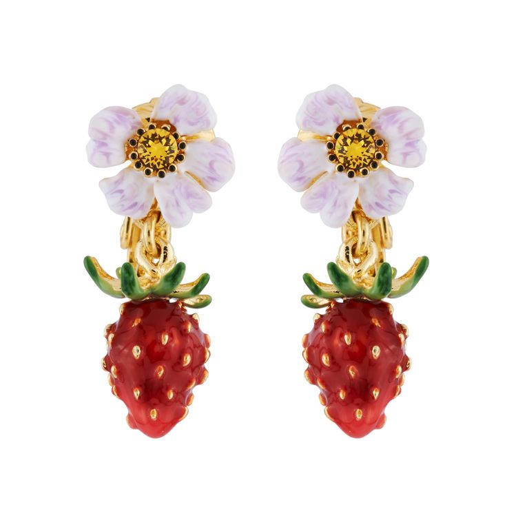 Strawberry and White Flower - CLIP ON Earrings - Royal Gardens by Les Nereides PARIS White Flower Earring, Strawberry Garden, Les Nereides, Bead Bar, Hand Painted Earrings, Painted Earrings, Grape Bunch, Bar Stud Earrings, Semi Precious Beads