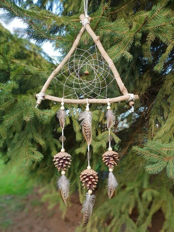 a dream catcher hanging from a tree branch with pine cones and feathers attached to it