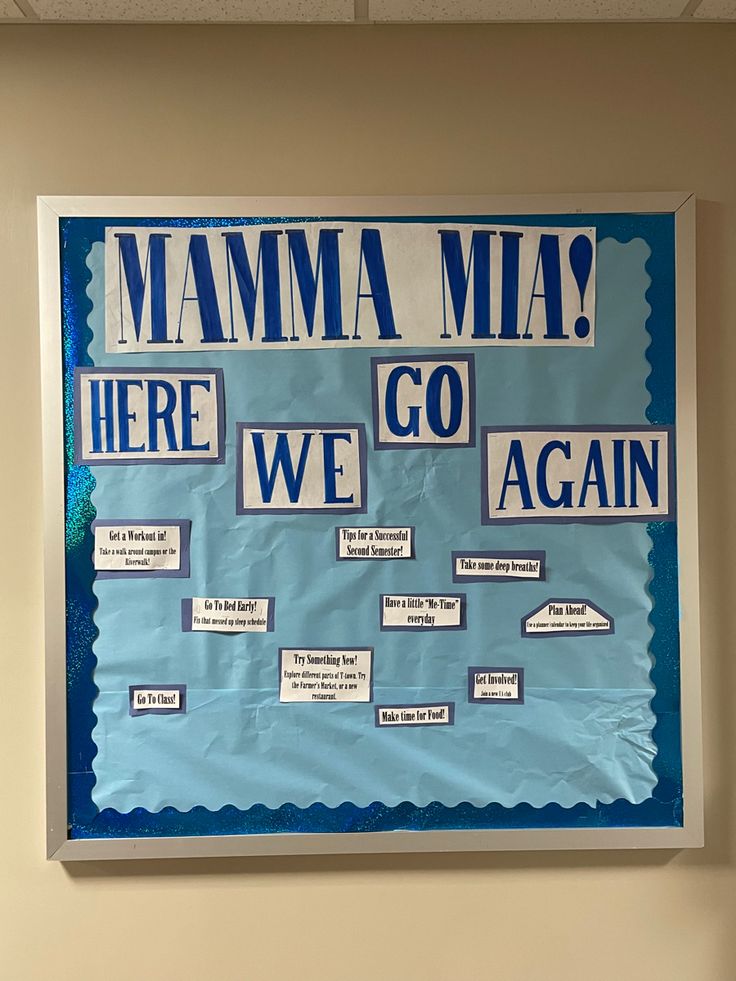 a bulletin board that says mama mia here, we go again and there are many words on it