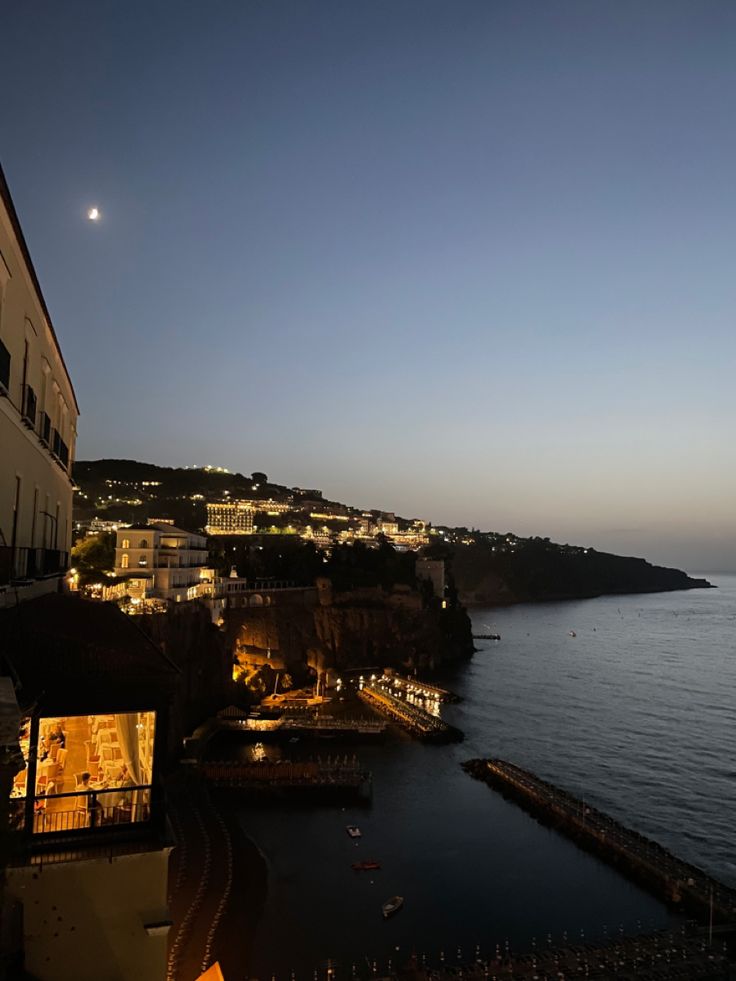 the city lights are lit up at night by the ocean