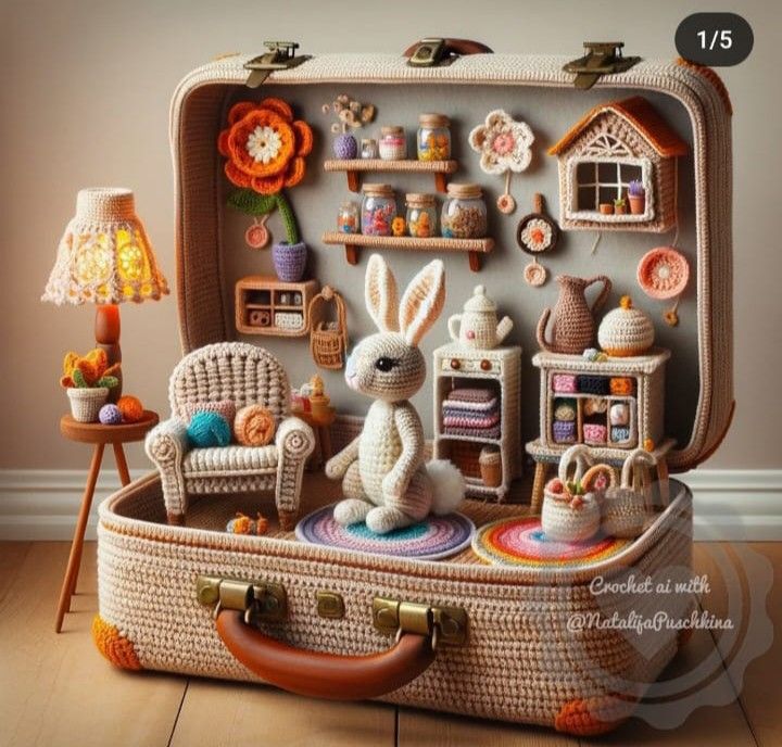 an open suitcase filled with lots of toys and decor on top of a hard wood floor