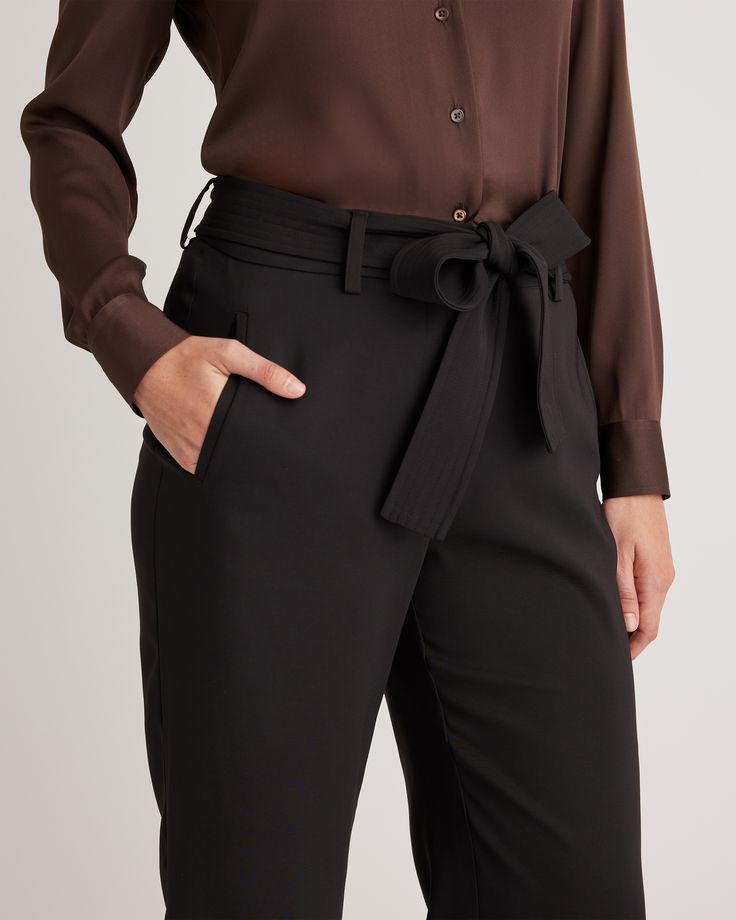 Update your wardrobe with an always-chic paperbag pant. With a little stretch, plenty of pockets, and a removable belt, this will become your go-to pant. Easily dress up or down!  | Quince | Women's Stretch Crepe Paperbag Pants in Black, Size 12, Polyester Chic Paperbag Waist Bottoms With Tie, Chic Tapered Leg Pants With Belt, Chic Tapered-leg Pants With Belt, Chic Paperbag Waist Bottoms For Workwear, Chic Paperbag Waist Pants For Work, Chic Black Tie Waist Pants, Chic Black Pants With Tie Waist, Elegant Workwear Bottoms With Tie Waist, Chic Paperbag Waist Pants For Business Casual