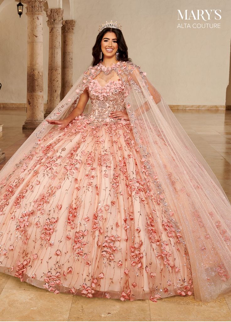 Quinceanera Couture Dresses | Alta Couture | Style - MQ3075 Red Charro Quinceanera Dress, Cape Dress Long, Xv Dresses, Charro Quinceanera Dresses, Rachel Allan Prom Dresses, Pink Quince, Mary's Bridal, Full Tulle Skirt, Long Cape