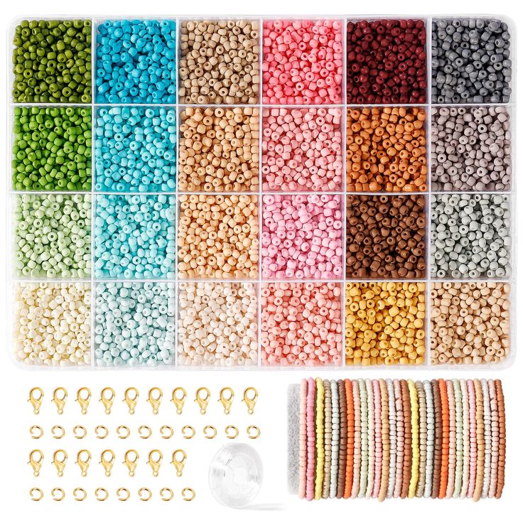 various colors of beads are arranged in rows