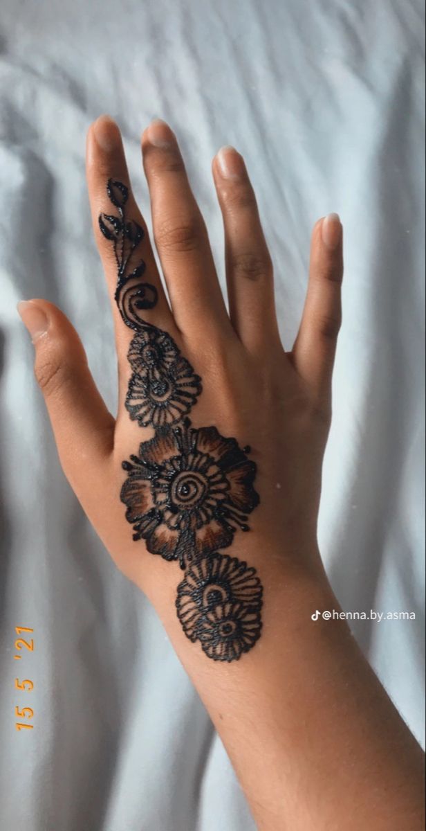 a person's hand with black henna tattoos on their left arm and wrist