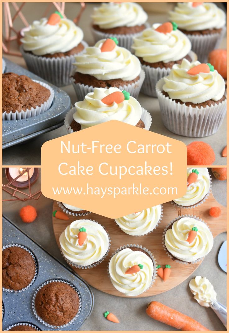 carrot cake cupcakes with white frosting and carrots on the top, surrounded by other cupcakes