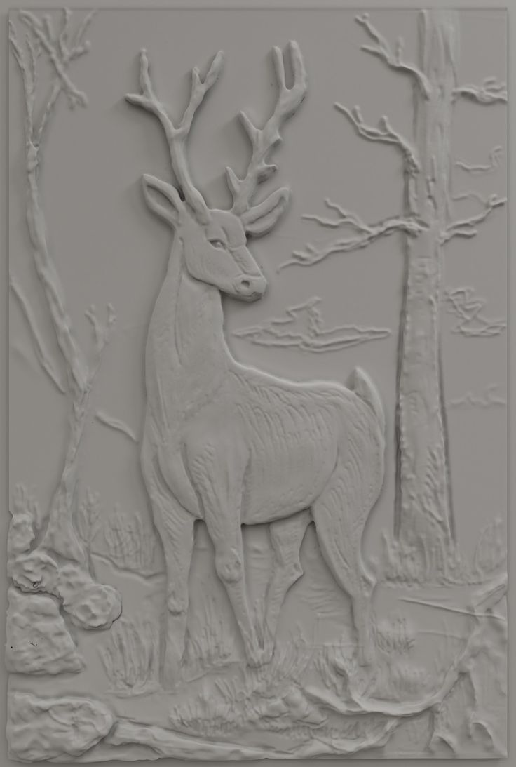 a white sculpture of a deer standing in front of trees and bushes with no leaves on it