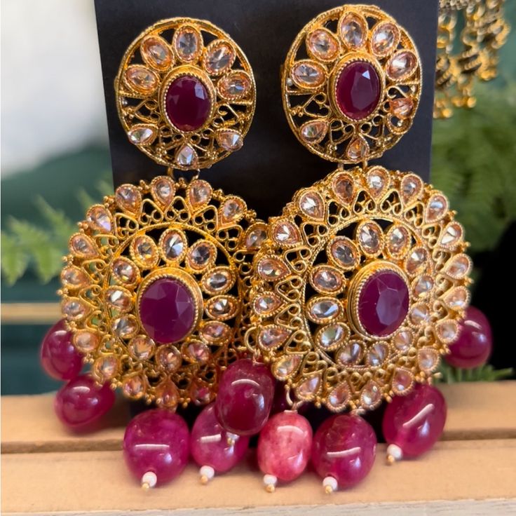 The Color Combo Really Pops On These Gold Earrings With Pink Bead Detailing! Such A Statement Piece! Pink Dangling Beads Earrings For Festive Occasions, Pink Pearl Earrings For Festivals As Gift, Pink Dangle Beaded Earrings For Festive Occasions, Pink Pearl Earrings For Gift And Festivals, Pink Pearl Earrings For Festivals And Gifts, Festive Pink Dangle Beaded Earrings, Pink Traditional Beaded Earrings For Party, Traditional Pink Beaded Earrings For Party, Pink Round Danglers For Party