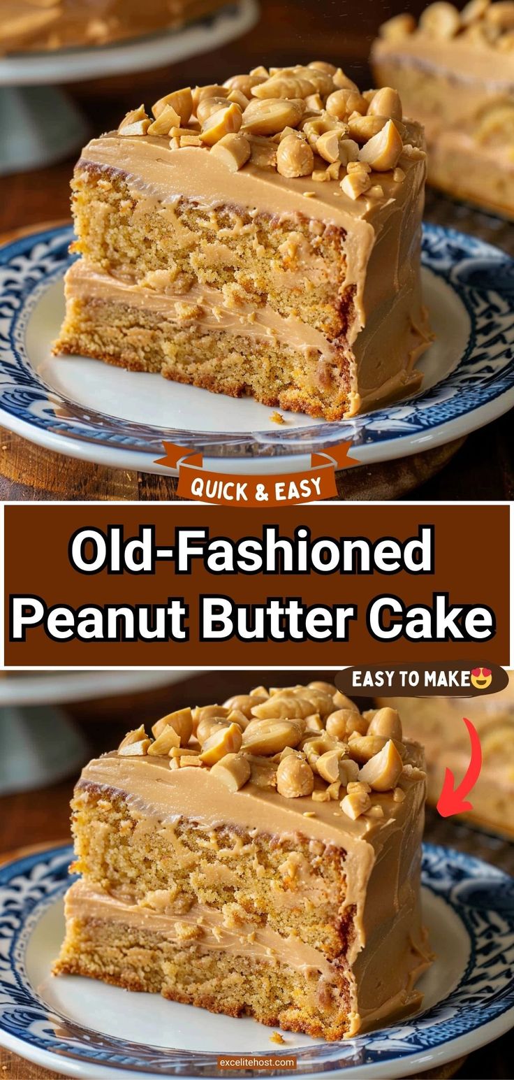 two slices of old - fashioned peanut butter cake on blue and white plates with text overlay