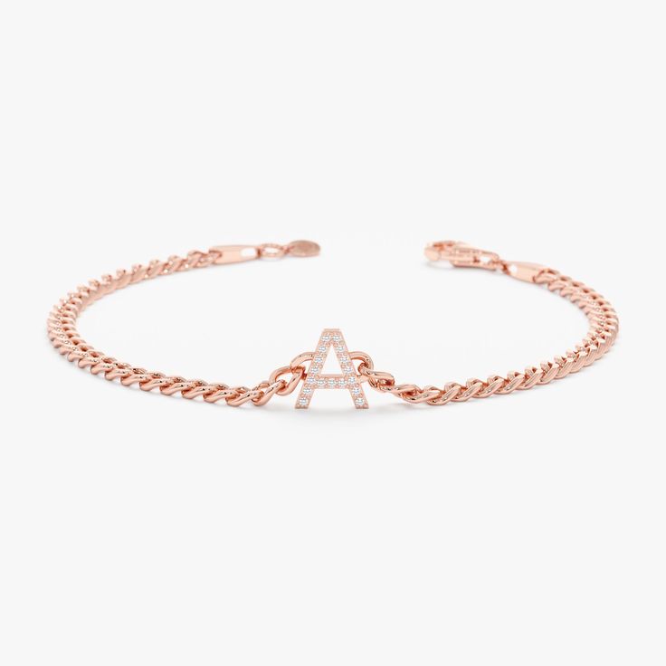 Rose Gold Diamond Initial Cuban Chain Bracelet Elegant Cuban Link Bracelet With Diamond Accents, Rose Gold Diamond Chain Bracelet, Elegant Box Chain Bracelet For Anniversary, Elegant Rose Gold Diamond Bracelet With Chain, Classic Rose Gold Bracelets With Solid Link Construction, Fine Jewelry Curb Chain Bracelet As Gift, Dainty Curb Chain Bracelets For Formal Occasions, Dainty Curb Chain Bracelet For Formal Occasions, Dainty Curb Chain Bracelet For Formal Events