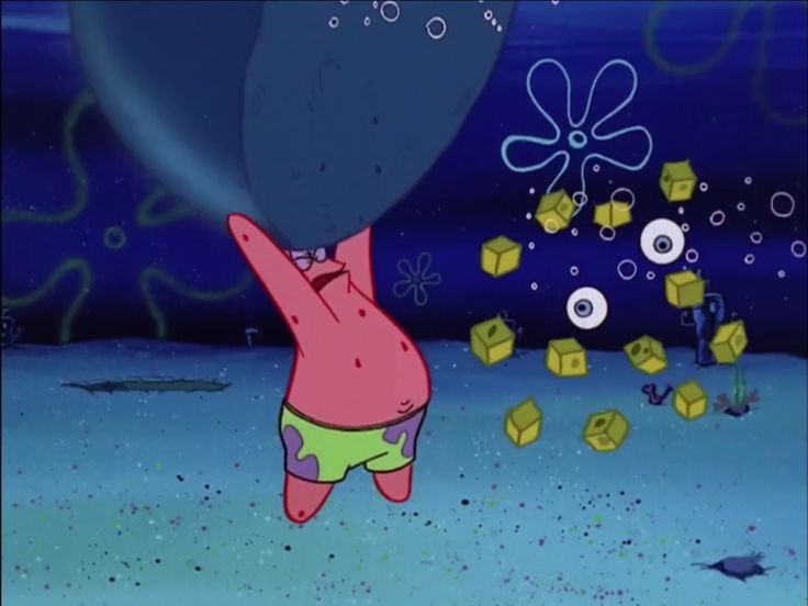 spongebob flying through the air with an object in it's mouth and other objects around him