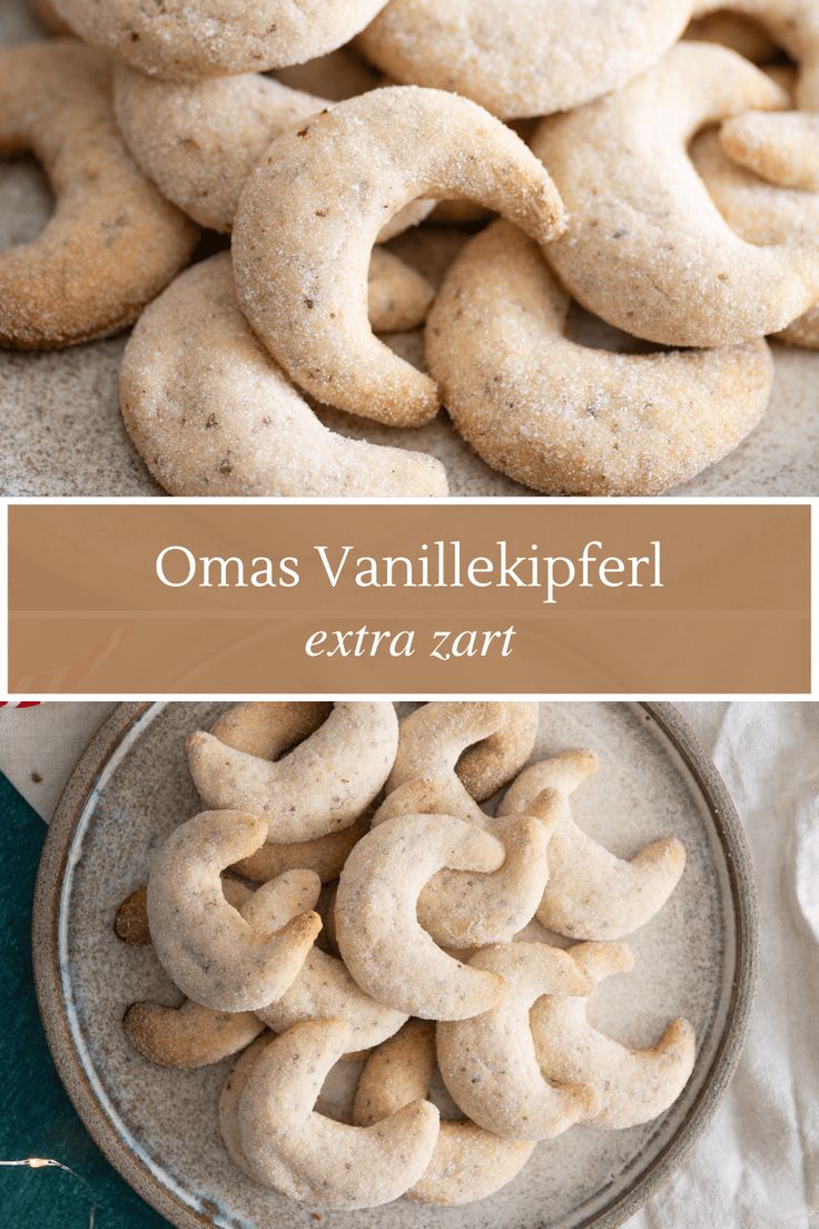 some cookies are sitting on a plate with the words omas vanillekipfer extra zart