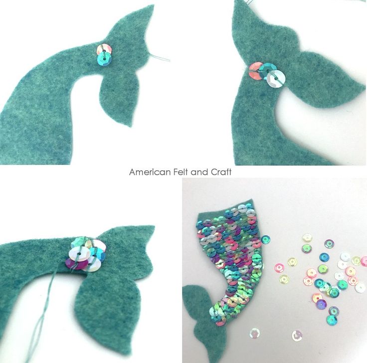 three pictures showing how to make a felt mermaid tail with sequins and buttons