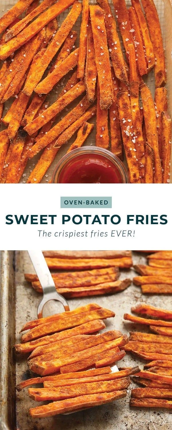 sweet potato fries on a baking sheet with ketchup in the background and text overlay that reads oven baked sweet potato fries