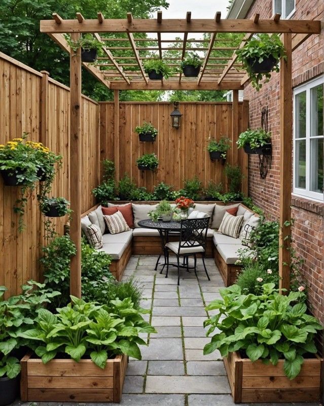 an outdoor patio with seating and potted plants