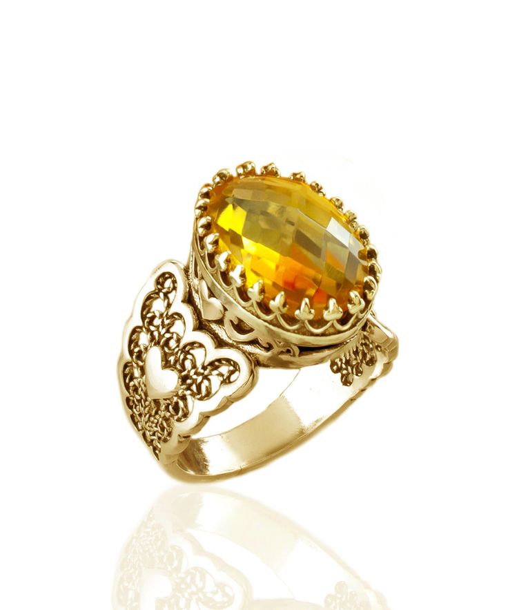 Double Heart Detailed Citrine Gemstone Filigree Art Gold Plated Sterling Silver Women Statement Ring - Filigranist Jewelry Yellow Stone Rings, Birthday Gemstones, Modern Jewellery Design, Art Ring, Filigree Jewelry, Art Gold, Statement Ring Silver, Rose Quartz Gemstone, Sterling Silver Filigree