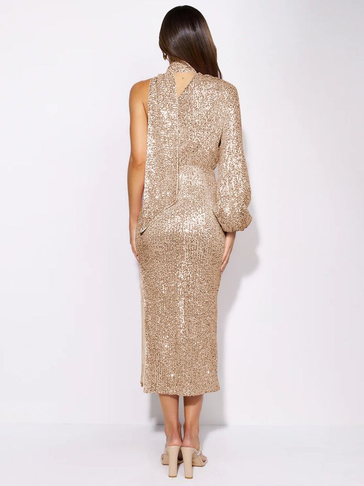 Elevate your evening wardrobe with this stunning Layton Sequin One-Shoulder Midi Dress. Delicately crafted from a luxe blend of sequin and crepe fabric, this contemporary silhouette features an of-the-moment asymmetric one-shoulder halter neckline and cascading ruching, allowing you to make a sophisticatedly chic style statement. Size Guide: Model is 5’7” tall, and has a 33.4” bust, 26.5” waist, & 34.6” hips. She is wearing a S / US 4 / AU 8. This dress is true to size. Material: Self & Lining –