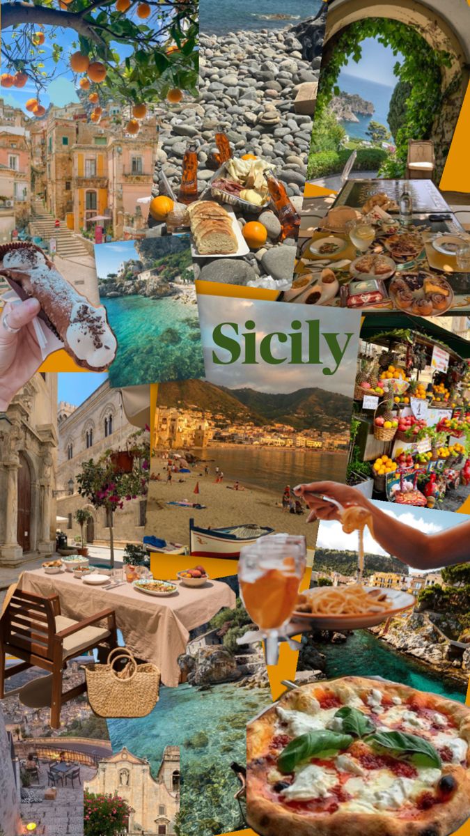 a collage of pictures with food and people around it, including an image of the city