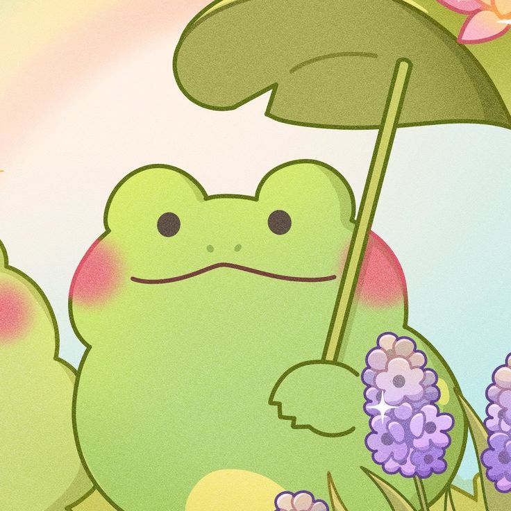 a cartoon frog holding an umbrella in the grass with flowers around it and a rainbow in the background