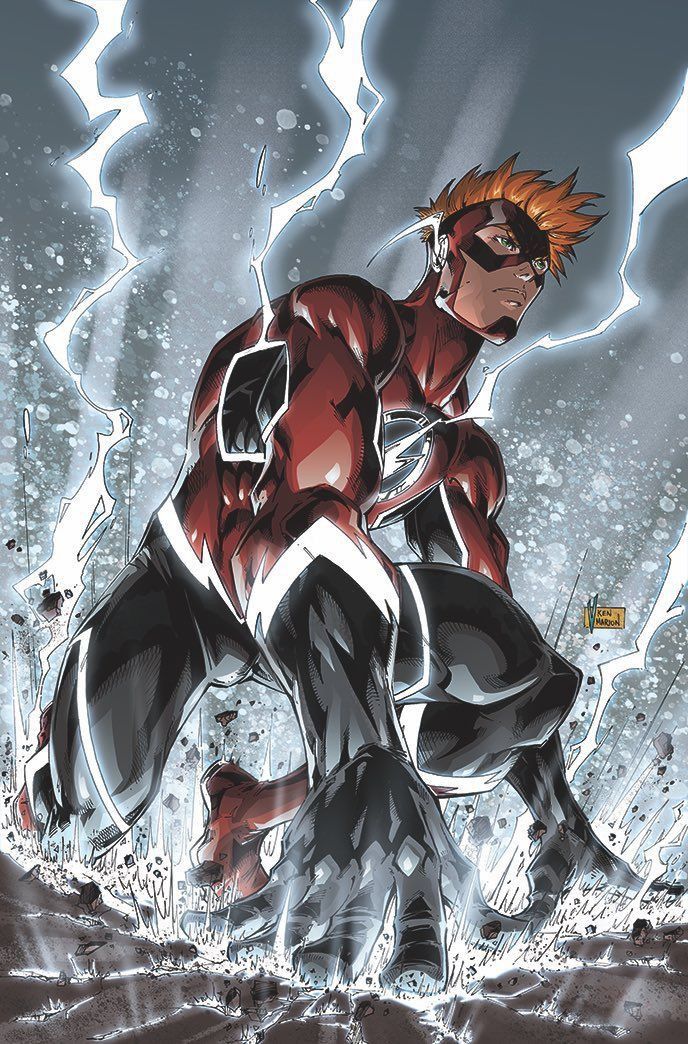 an image of a man in red and white costume standing on the ground with lightning behind him