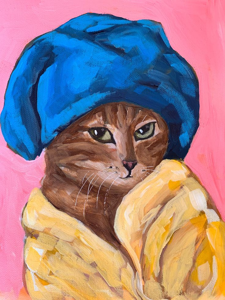 a painting of a cat with a blue hat on it's head, wrapped in a blanket